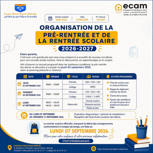 Organisation de la pré-rentrée et de la rentrée scolaire 2026-2027 site Organisation de la pré-rentrée et de la rentrée scolaire 2026-2027 site